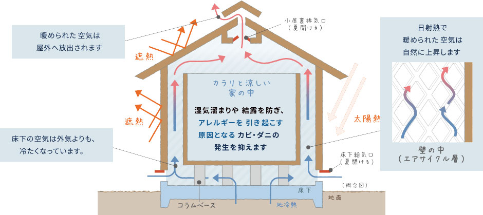 夏は床下の涼しい空気と煙突効果で熱を外へ